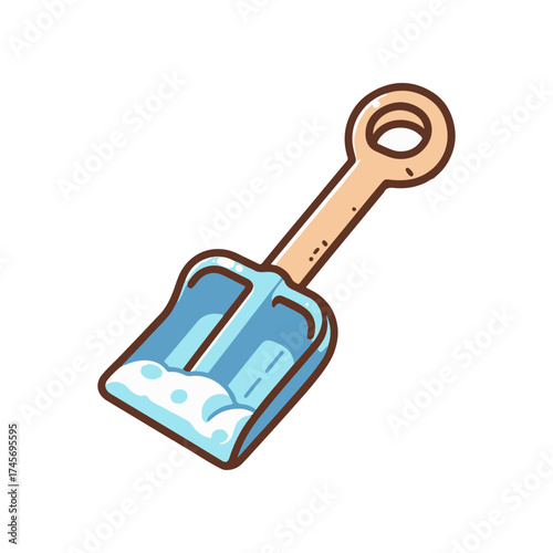 Cartoon-style shovel with blue blade and wooden handle, isolated on white background, ideal for gardening
