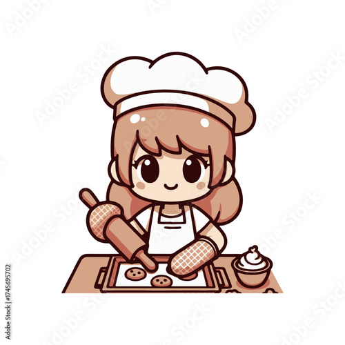 Cheerful baker rolling dough for cookies in a cozy kitchen with dessert preparations