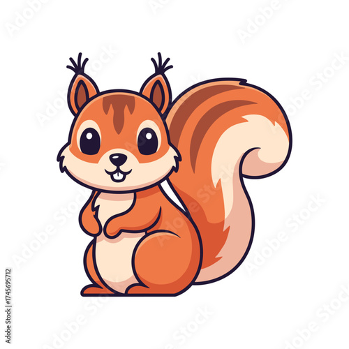 Cute cartoon squirrel with a bushy tail, smiling and posing against a simple white background
