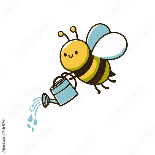 Cheerful cartoon bee watering flowers in a vibrant garden, promoting nature and gardening