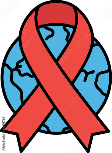 Global red ribbon awareness symbol earth support hope cause vector