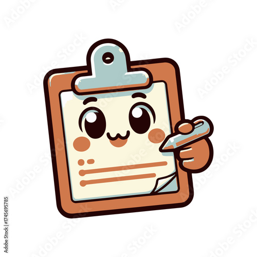 Cheerful cartoon clipboard character holding a pencil, ready to take notes in a bright setting