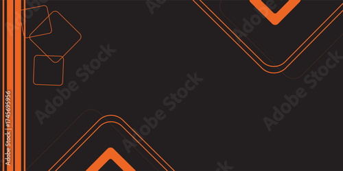 Black abstract wide horizontal banner with orange and gray lines, arrows and angles. Dark modern sporty bright futuristic abstract background. Wide vector illustration