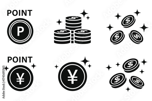Vector art of set of point and money icons in black and white for finance