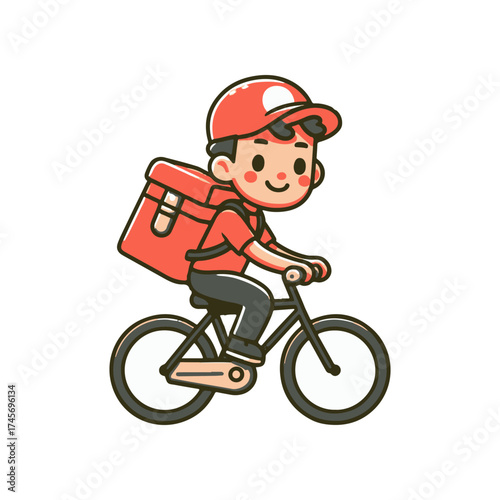 Cheerful delivery person riding a bicycle with a backpack in a bright, playful style