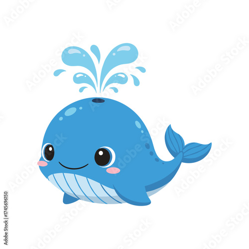 Cute cartoon whale spouting water joyfully against a simple white background