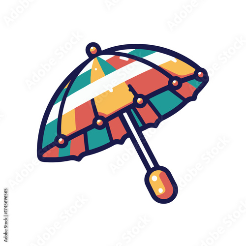 Colorful beach umbrella with vibrant stripes set against a clear blue sky, ideal for summer imagery