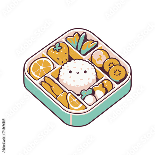 Colorful bento box filled with rice, fruits, and vegetables, set on a white background