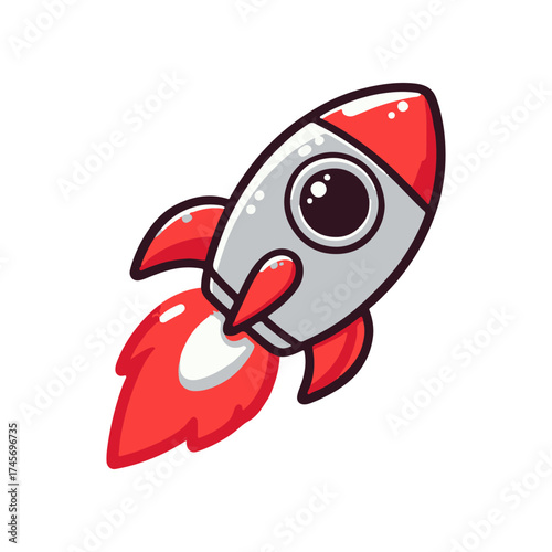 Colorful cartoon rocket launching into space with vibrant flames and a clear background