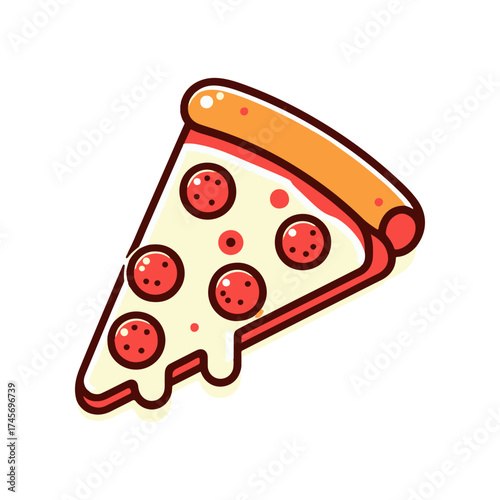 Colorful cartoon slice of pepperoni pizza with melting cheese on a white background
