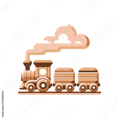 Colorful cartoon train with smoke traveling on tracks, surrounded by a whimsical landscape