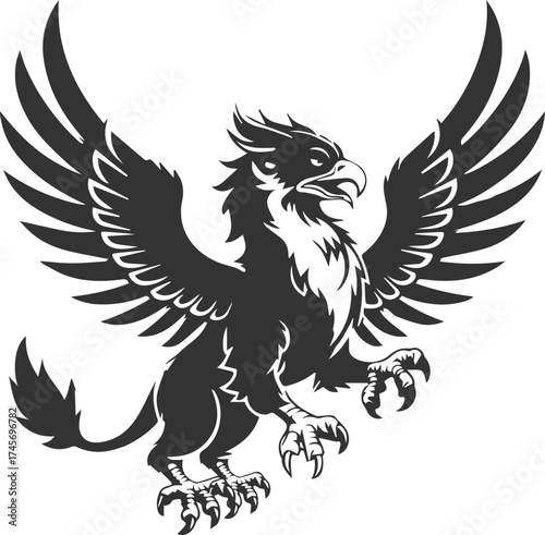Majestic Gryphon/Griffin mythical creature vector emblem in a heraldic style. The bold monochrome graphic represents courage and power. Perfect for corporate logos, mascots, or fantasy merchandise.