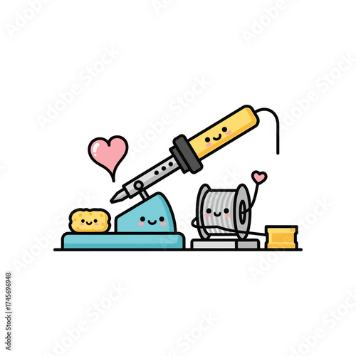 Cute illustration of a soldering iron and tools with smiling faces, showcasing a playful atmosphere