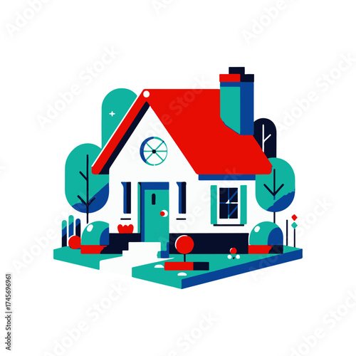 Colorful illustration of a modern house with a red roof, surrounded by vibrant trees and garden features