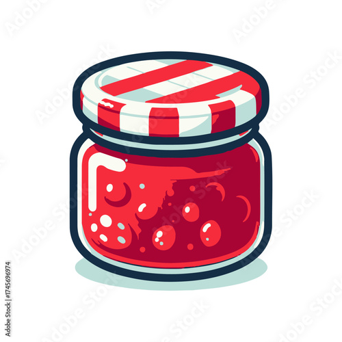 Colorful jar of red jam with a striped lid, placed on a clean white background, ideal for food-related content