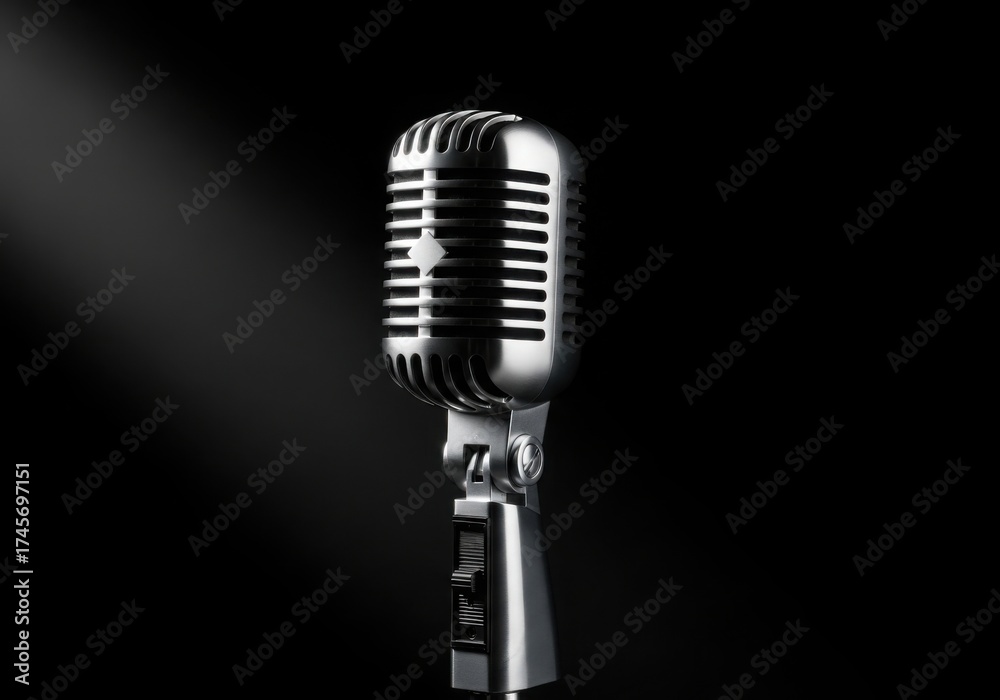 Fototapeta premium Vintage microphone on a dark background with spotlight