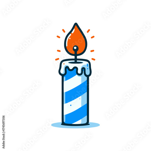 Colorful striped candle with a vibrant flame, set against a minimalist background, symbolizing celebration