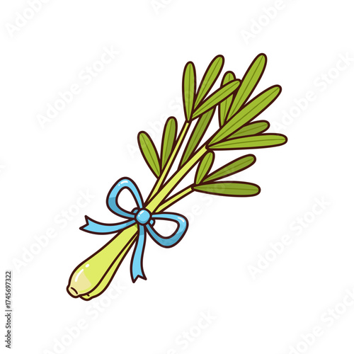 Freshly harvested green herbs tied with a blue ribbon, displayed on a white background