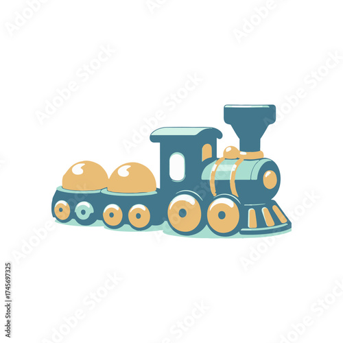 Colorful toy train with rounded cars on a white background, ideal for children's playtime imagery