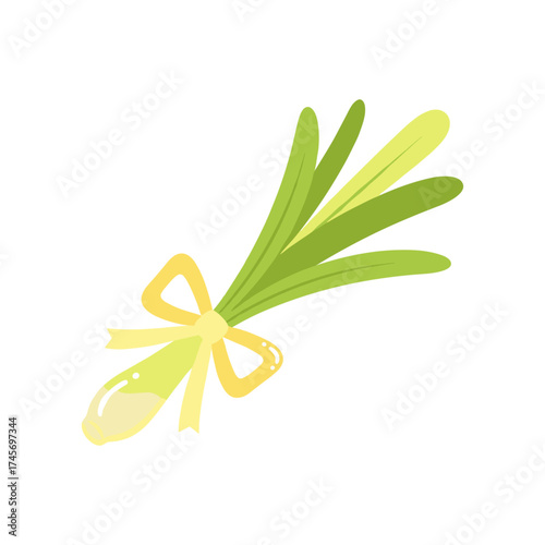 Freshly harvested green onions tied with a yellow ribbon, set against a clean white background
