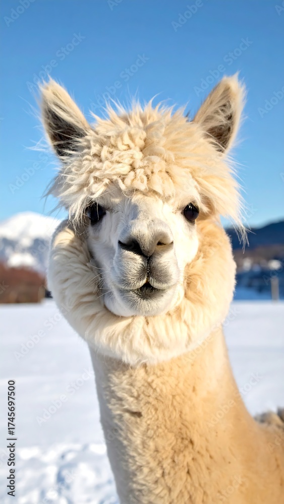 Obraz premium Portrait of a fluffy llama in a snowy landscape