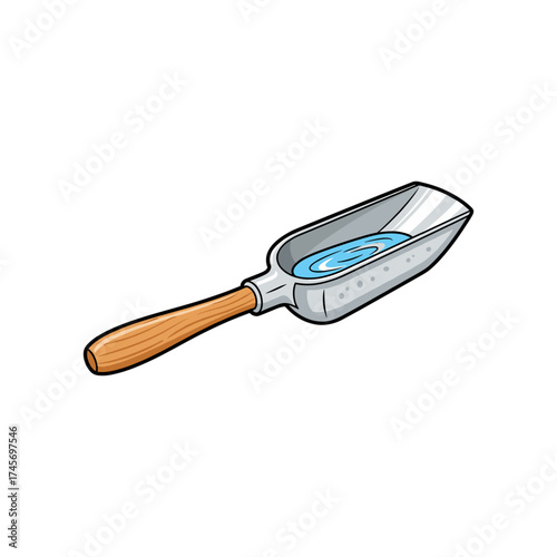 Metal scoop with a wooden handle, filled with water, isolated on a white background for kitchen use