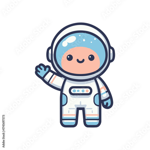 Cute cartoon astronaut waving in a friendly manner, set against a simple, colorful background