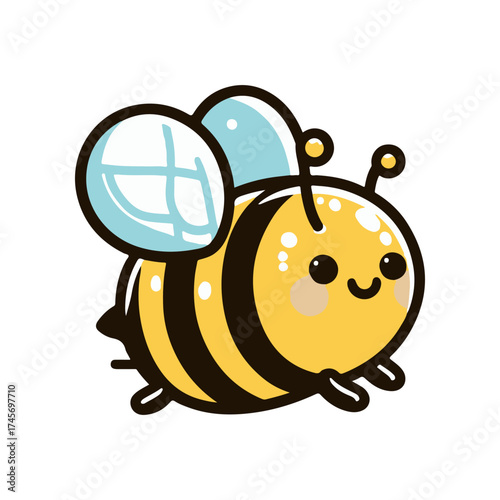 Cute cartoon bee character with big wings and a smiling face, set against a simple background