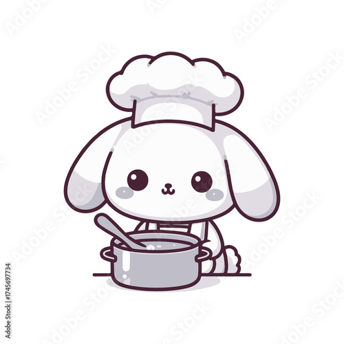 Cute cartoon bunny chef stirring a pot in a cozy kitchen setting with whimsical decor