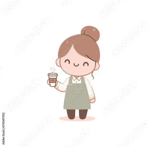 Cute cartoon character holding a coffee cup, smiling cheerfully in a minimalistic style