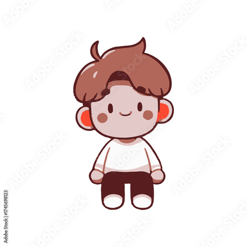 Cute cartoon character with brown hair and rosy cheeks sitting in a simple, minimalistic style