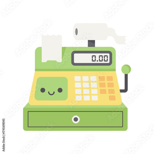 Colorful cartoon cash register with a smiling face, paper roll, and empty display in a retail setting