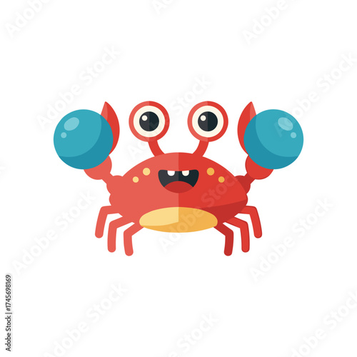Colorful cartoon crab with oversized claws, smiling cheerfully against a simple white background