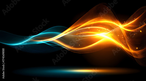 A vibrant fusion of blue and orange waves gracefully flow against a black background, symbolizing energy and creativity.