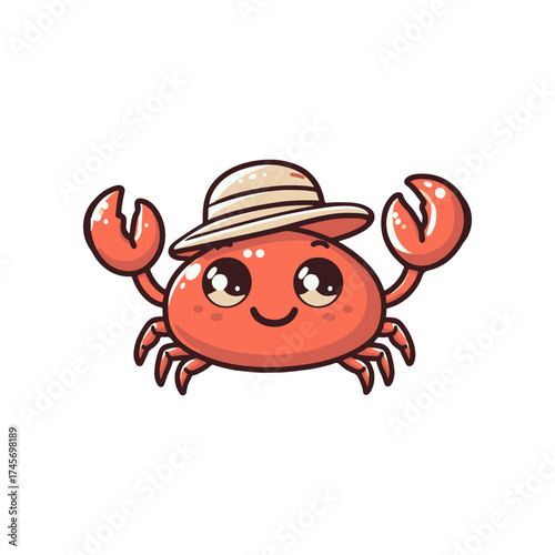Cute cartoon crab wearing a safari hat, smiling cheerfully against a plain background