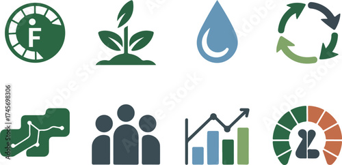  ESG icons vector set – carbon footprint, renewable energy, circular economy, water conservation – corporate sustainability flat icons
