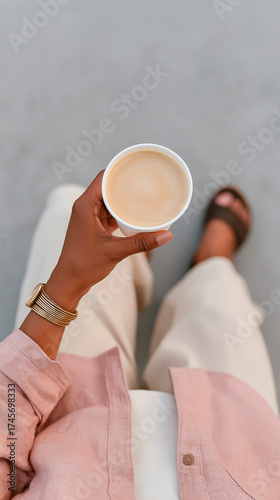 Top view of a stylish woman with a paper coffee cup.