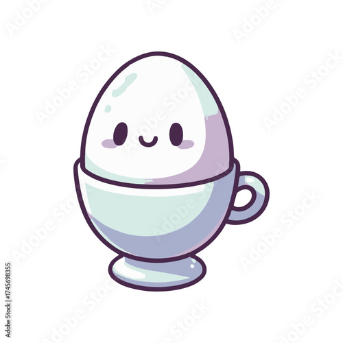 Cute cartoon egg character sitting in a cup, smiling cheerfully against a simple background