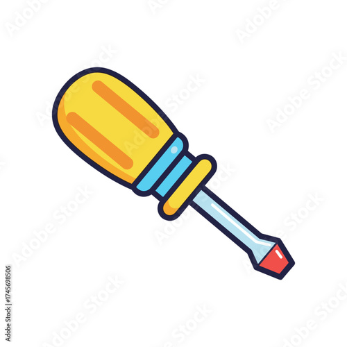 Colorful cartoon screwdriver with a yellow handle and blue accents on a white background