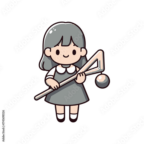 Cute cartoon girl in a gray dress holding a triangle and ball, smiling cheerfully