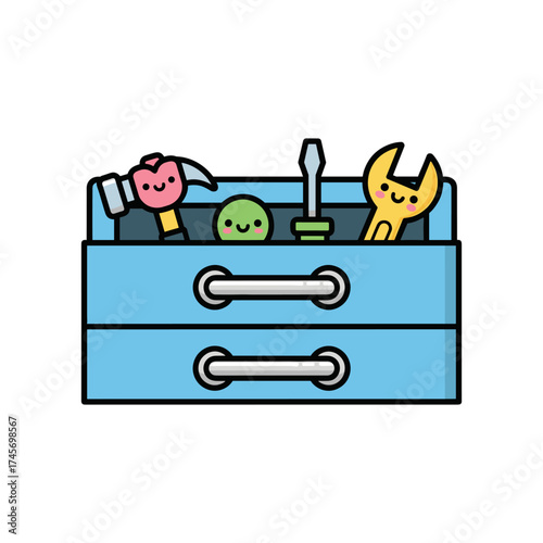 Colorful cartoon toolbox filled with cute tools and a happy green object, ideal for children's illustrations