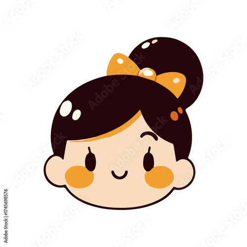 Cute cartoon girl with a bow in her hair, smiling cheerfully against a simple background