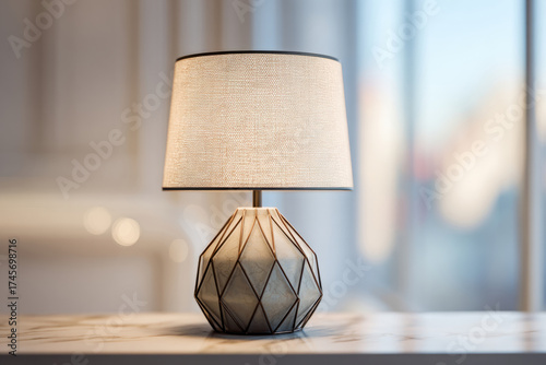 Modern geometric table lamp with fabric shade standing on marble surface