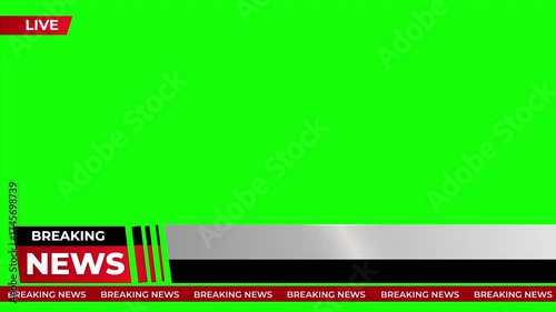 Breaking News - Lower third live breaking news background green screen and seamless looping ticker with blank text boxes 4K Video