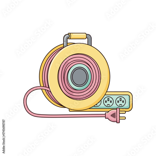 Colorful extension cord reel with a plug, showcasing vibrant design and functional elements