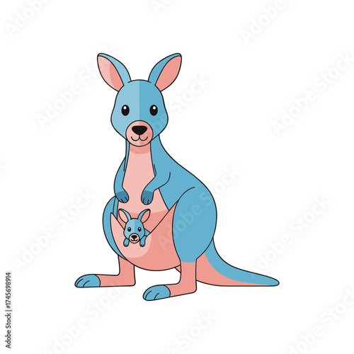 Colorful illustration of a kangaroo with a joey in its pouch, set against a plain background