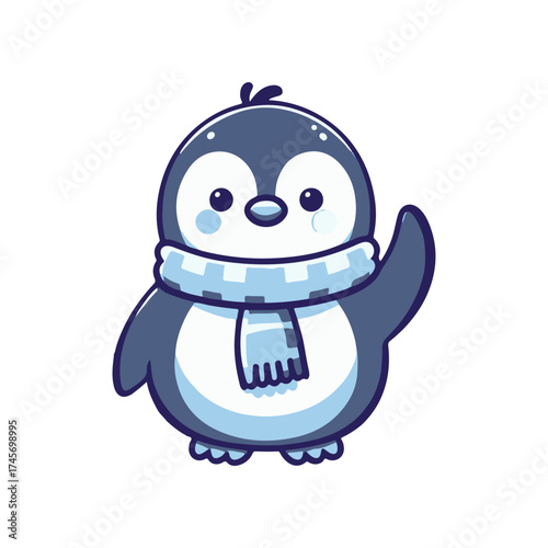 Cute cartoon penguin waving cheerfully while wearing a cozy scarf against a simple background
