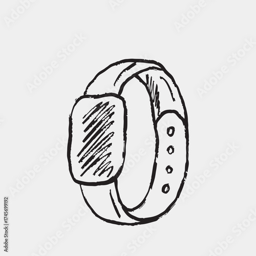 Hand drawn smartwatch fitness tracker. Vector sketch illustration in vintage crayon charcoal style. Personal hand accessory for workout, sports, training
