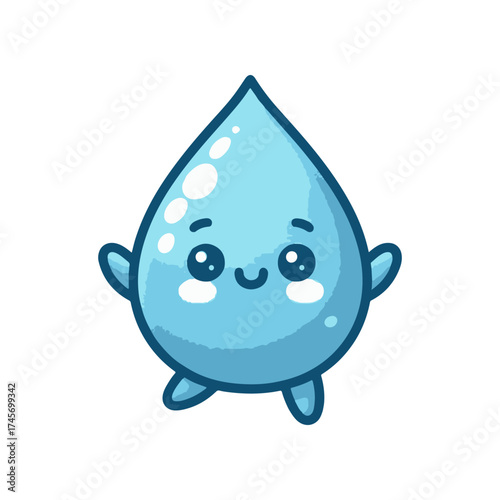 Cute cartoon water droplet character with a cheerful expression, set against a plain background