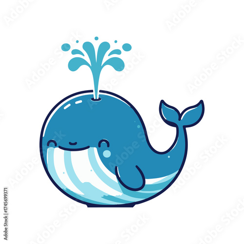 Cute cartoon whale with water spouting from its head, set against a simple background